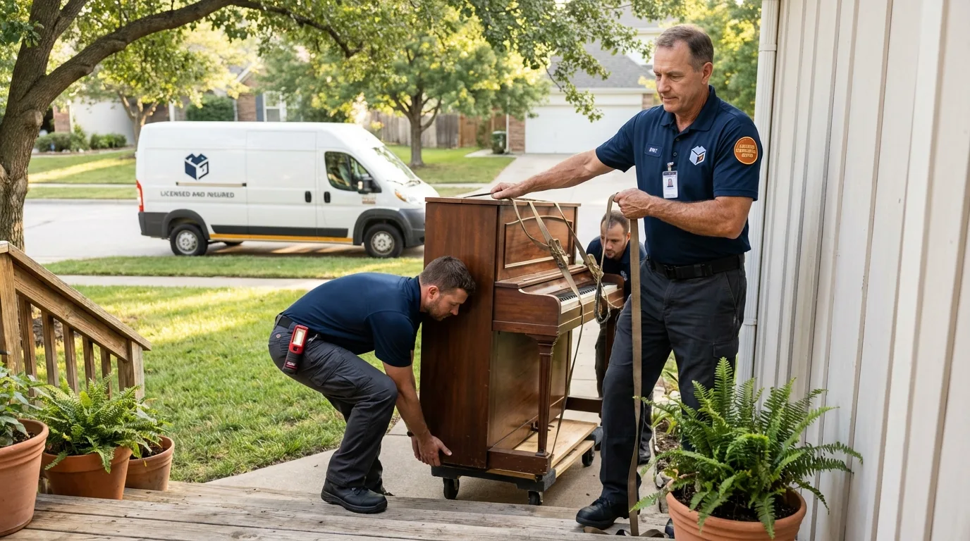 Licensed piano movers securing grand piano in Windsor, PA