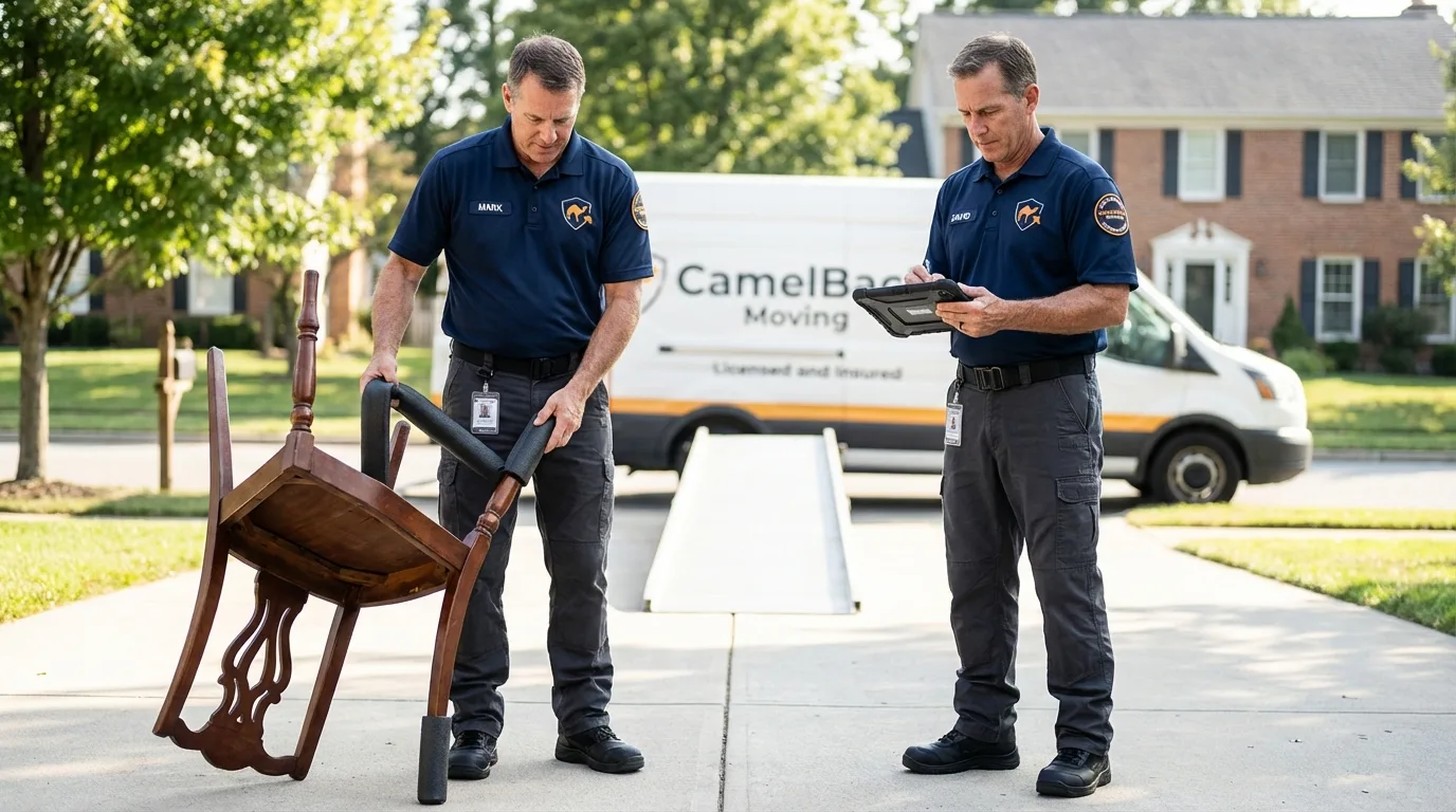 Movers inspecting furniture for damage prevention before loading in Windsor, PA