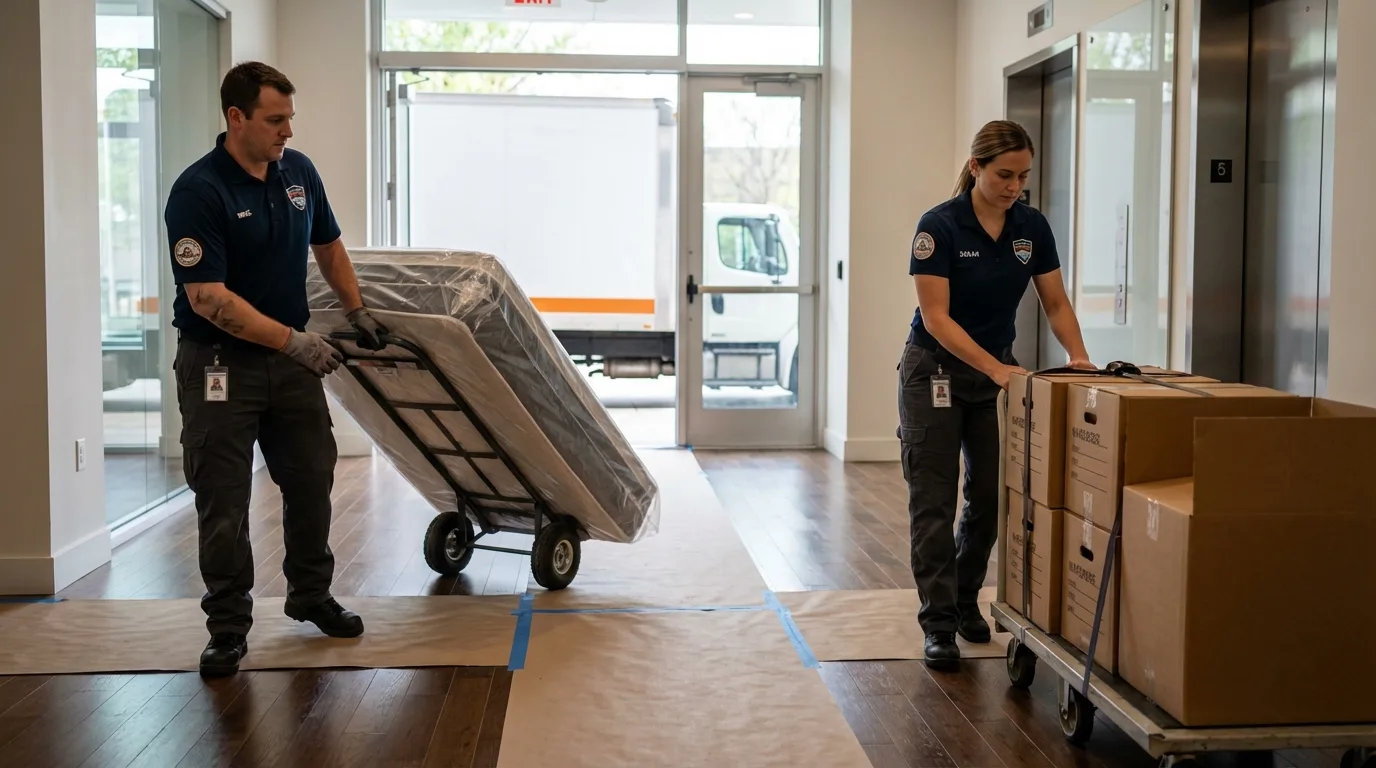 Professional apartment movers loading elevator in Windsor, PA
